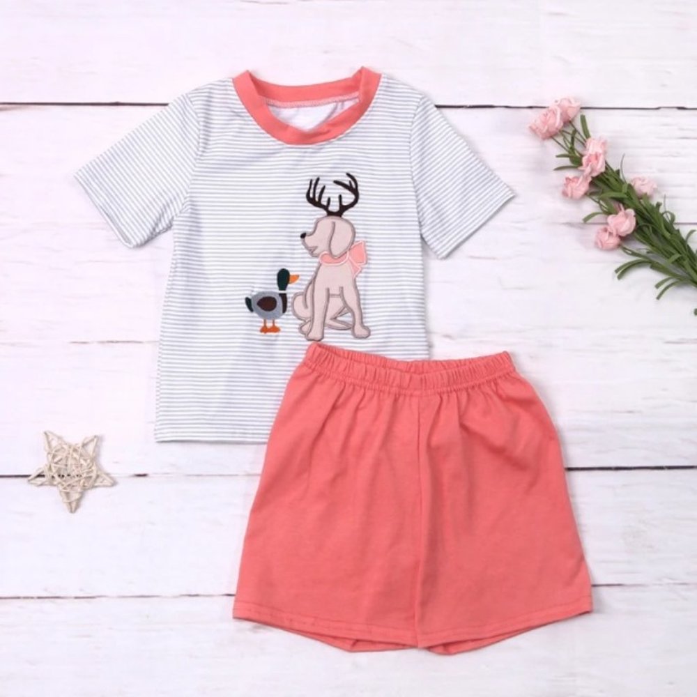 Hunting Antlers Labrador Puppy Dog Duck Boutique Boys Shorts Outfit Set